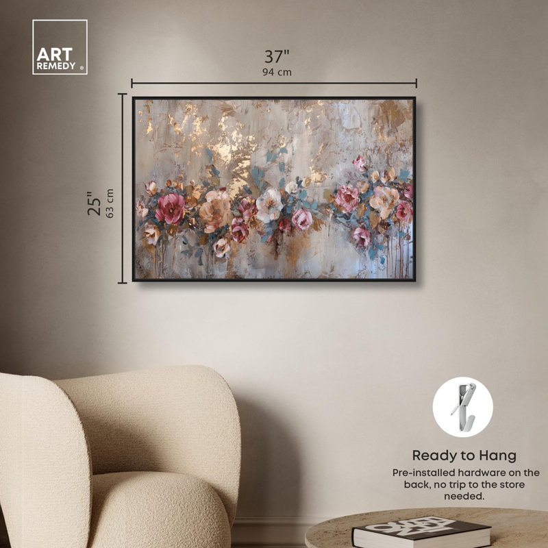 Fleur de ruine II, art floral sur toile par Art Remedy, Cadre flottant noir, H 25 po x l 37 po x P 1,8 po