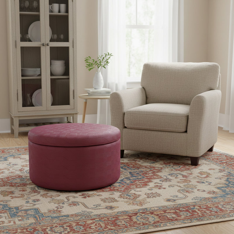 Fully Assembled 27" Embossed Linear Chevron Faux Leather Storage Ottoman, Red Broken Line
