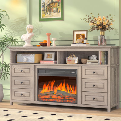 Farmhouse Fireplace TV Stand For Tvs Up To 65 Inch, LED Light Entertainment Center With Multifunctional Electric Fireplace, TV Console Cabinet With 3 Flame Effect & 6 Drawers For Living Room