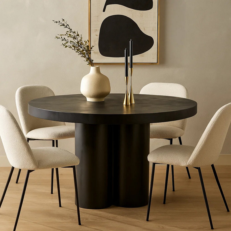 Cid Run Dining Table, Concrete Abstract Base, Round 43 Inch, Black