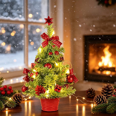 Artificial Small Christmas Tree with LED String Lights Tabletop Christmas Tree, Comes with Star Tree Topper, Round Ornaments, Bows, And Pine Cones for Home Desktop, Office 18"