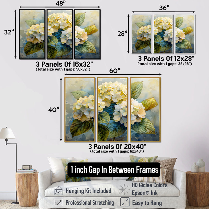 «Garden of Life Hydrangea II - Hydrangea», ensemble de reproduction d'art mural, Toile naturelle avec cadre flottant