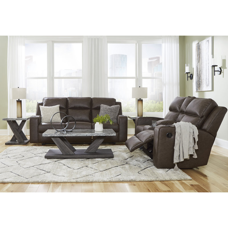 Stockley Reclining Sofa With Drop Down Table, Brown Faux Leather