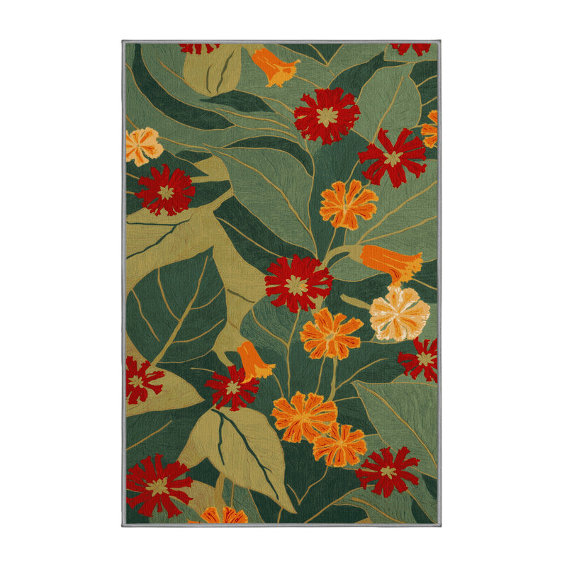 Tapis botanique brun lavable à la machine, Rectangle 4 pi x 6 pi