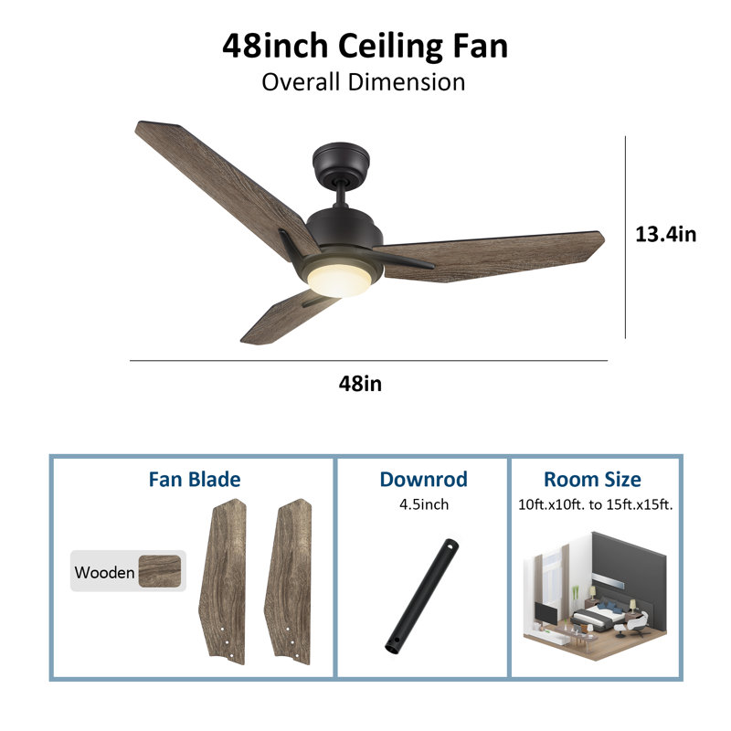 3 - Blade LED Smart Ceiling Fan with Light, Grey Oak, 48" H x 5.8" W x 20.8" L
