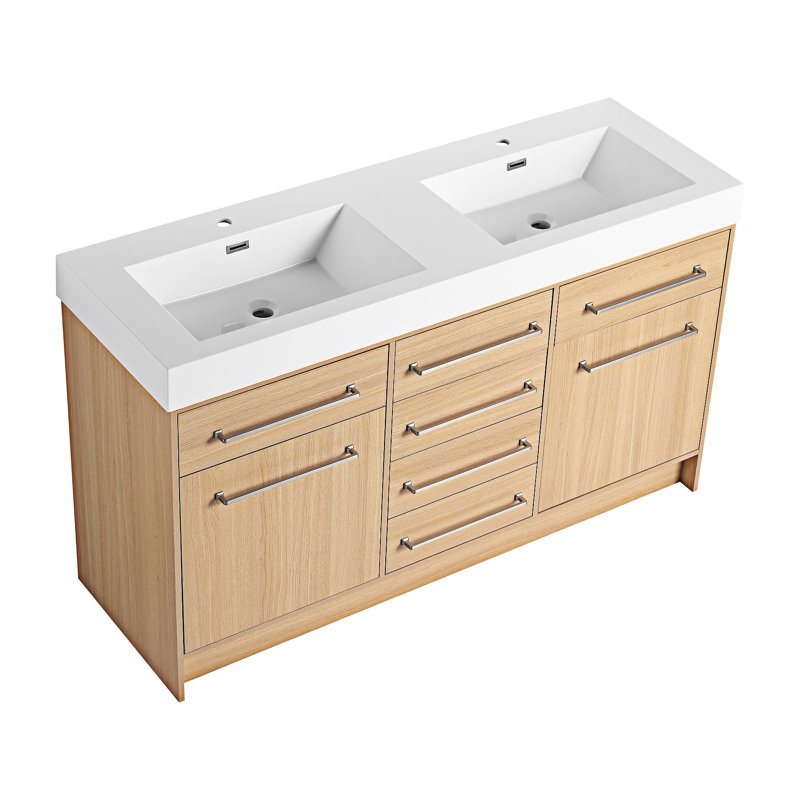 Meuble-lavabo autoportant avec lavabo double en résine, Chêne