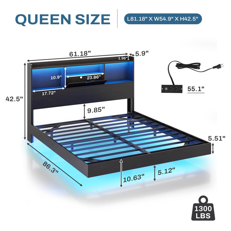 Queen Floating Bed Frame With Led Lights And Headboard Storage, Visual Floating Bed With Charging Station, Structurally Stable Queen Metal Platform Bed, Easy To Assemble