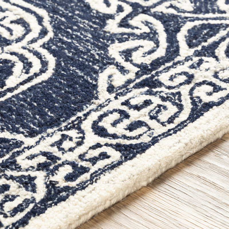 Tapis gris / beige / bleu marine en laine touffeté à la main Bergmann, Rond 6 pi