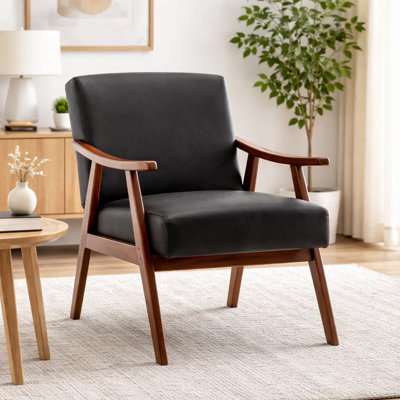 Ryno Mid-Century Accent Chair, Natural Wood Frame, Black Faux Leather