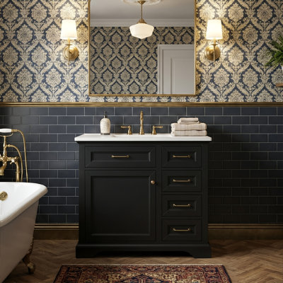 36" Freestanding Bathroom Vanity With Ceramic Sink, Solid Rubber Wood Frame, 2 Tip-Out Drawers & Door Organizer & Adjustable Shelf(Black / Blue)