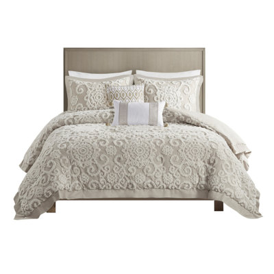 King Size Cotton Comforter Mini Set In Taupe - Luxurious Bedding In Chenille Embroidery