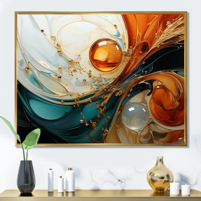Orange et émeraude marbre lave IV - peinture abstraite, art mural