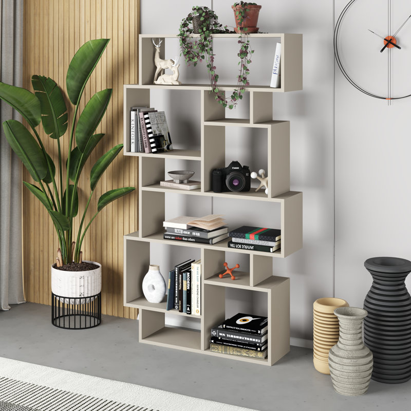 Sandra Bookcase | Asymmetric Freestanding Bookcase with 10 Compartments, Sandstone