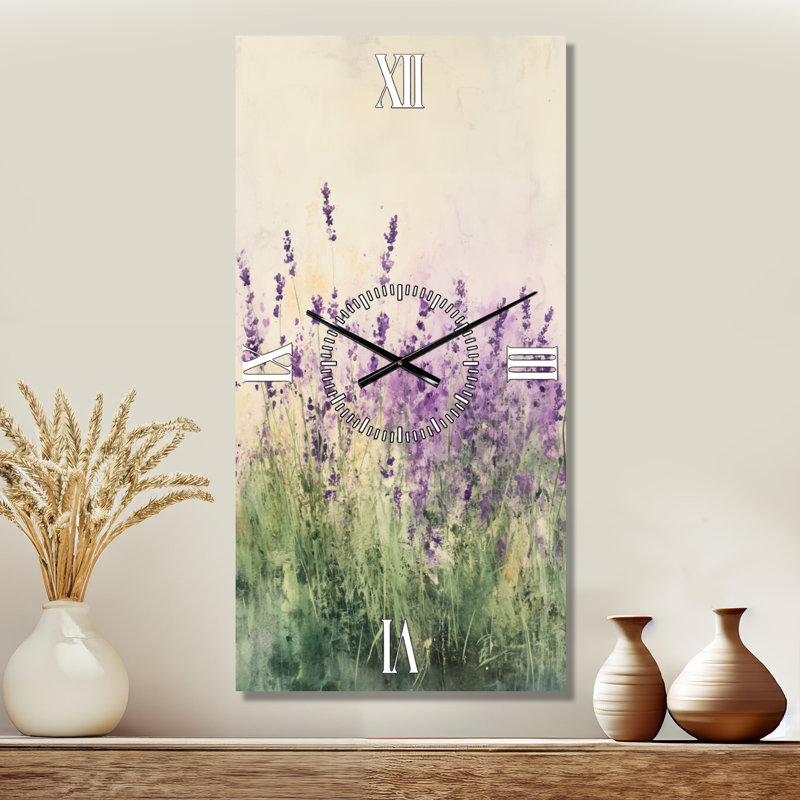 Horloge murale en métal à motif floral vert Lavender Meadow Drift II, H 32 po x l 16 po - Rectangle