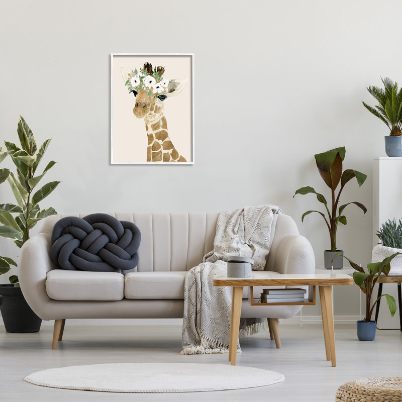 Mignon bébé girafe, couronne florale, enfants, safari, impression, Giclée encadrée blanc bord de mer