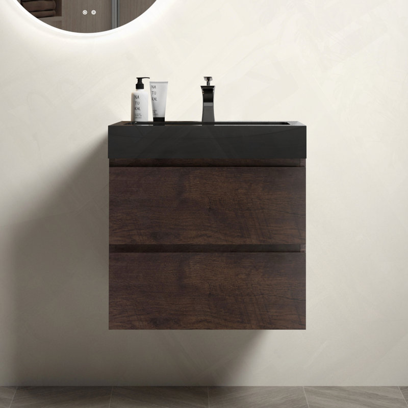 Meuble-lavabo mural flottant avec évier et grand rangement sans poignée, Noyer / noir, 24"