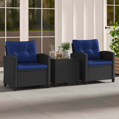 3 Pcs Patio Furniture Set With Tempered Glass Coffee Table Washable Cushions