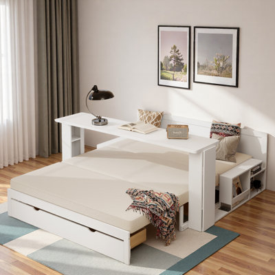 Multifunctional Daybed With Storage Drawer, Open Compartments And Hydraulic Side Table