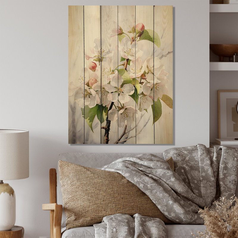 Fleur de pommier translucide Glow III - imprimé floral sur bois de pin naturel, H 32 po x l 24 po x P 0,78 po