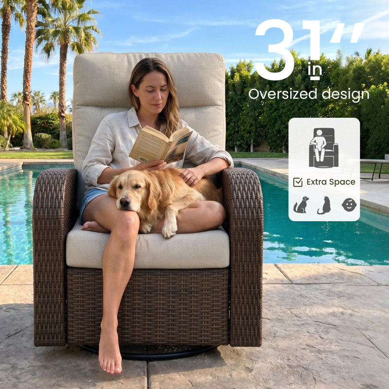 Fauteuil inclinable et pivotant surdimensionné en osier avec coussins, Coussin brun clair / structure brune
