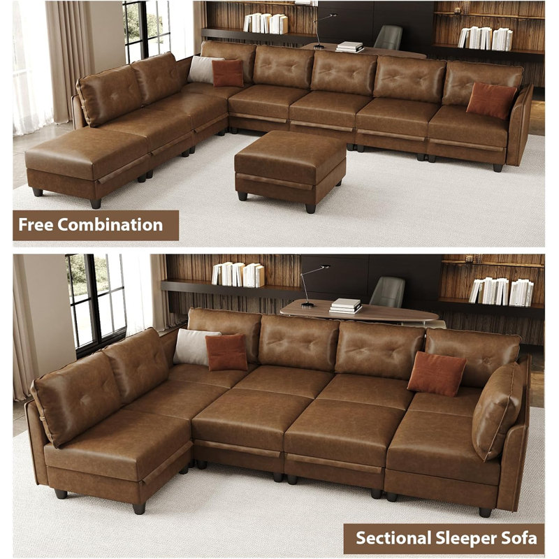 Modular Sectional Sofa With Storage, Modern Brown Faux Leather, Reversible Chaise, U Shaped Couch For Living Room, Waterproof & Easy Clean, 7 Seats With 2 Ottomans