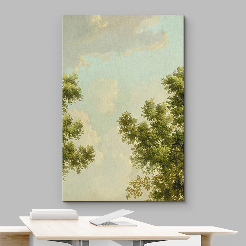 Nuage vert forêt arbre pastel ciel nuageux nature paysage moderne Art déco minimaliste rustique, Toile tendue