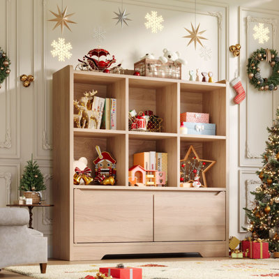 Modern Wooden Bookcase with Doors & Open Cubes, Storage Cabinet Organizer for Bedroom, Living Room or Study