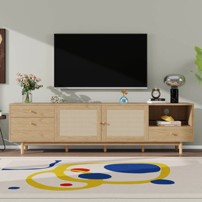 Meuble télé moderne pour téléviseur de 65, 75, 85 pouces, centre de divertissement en rotin avec rangement ouvert et tiroirs, console de télévision multimédia avec rotin véritable