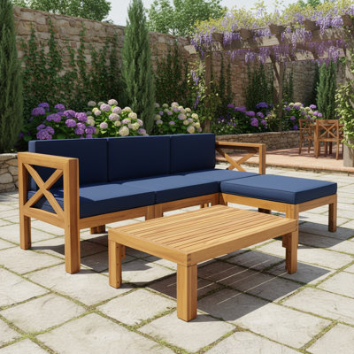 Ensemble de canapé d'extérieur en bois 5 pièces, finition naturelle et coussins bleus pour le patio