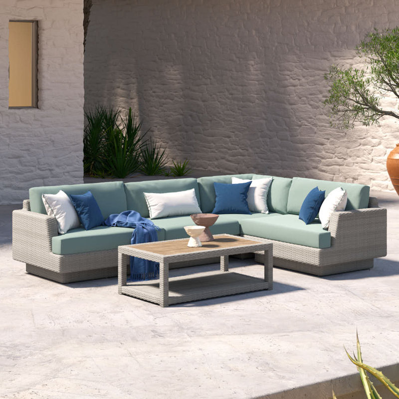 Ehrenfried 6 - Person Modular Patio Conversation Set with Cushions, Gray Frame/Spa Blue Cushion