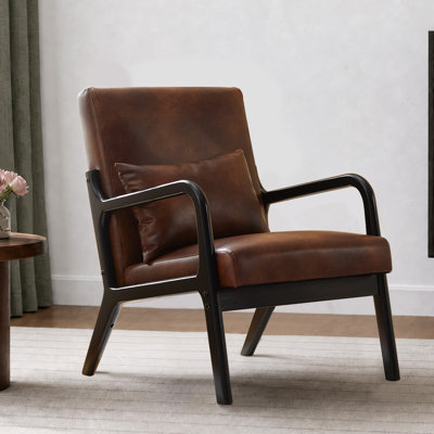 Mid-Century Modern Faux Leather Accent Armchair with Pillow, Solid Wood Frame