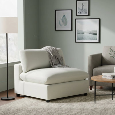 Fauteuil crapaud moderne sans accoudoirs avec pattes amovibles en bois massif, ressorts anti-affaissement, coussins en plumes et duvet amovibles, housses lavables, structure en bois d'hévéa