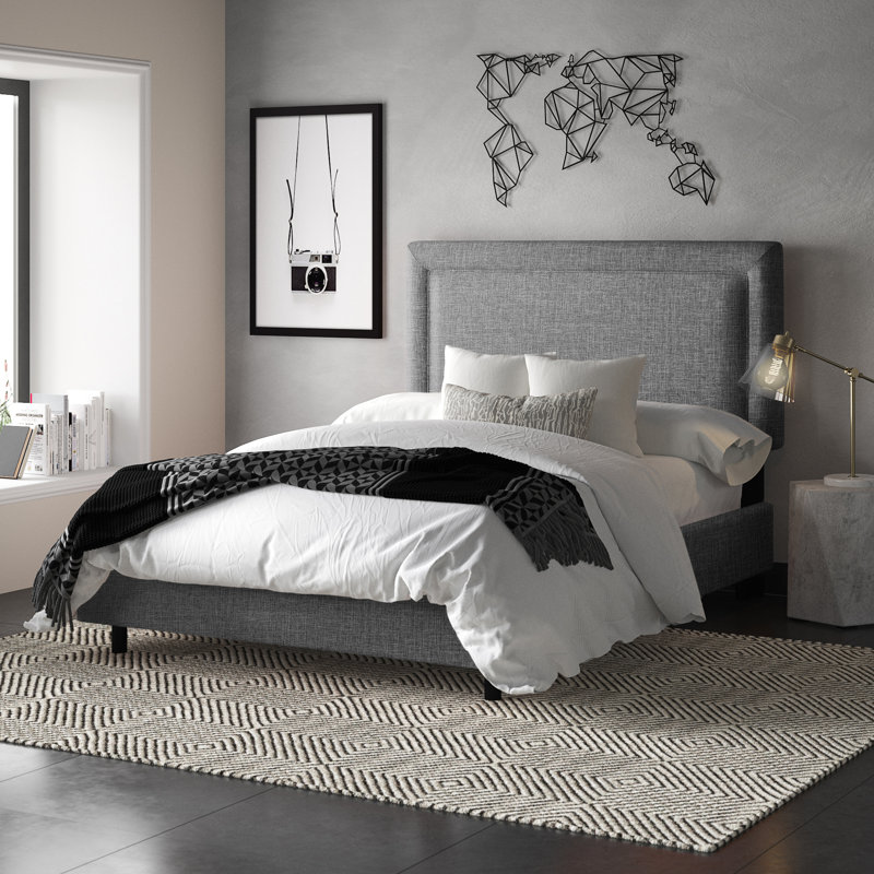 Lit tapissier standard à profil bas, Double, Lin gris anthracite texturé Zuma