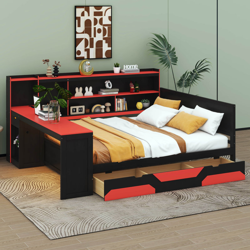 Lit de jour Contemporary Gaming avec bureau intégré et éclairage, base de lit en bois comprenant 3 compartiments, tête de lit avec bibliothèque intégrée