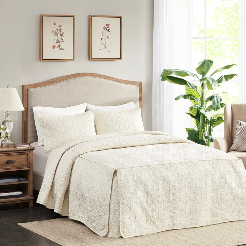 Ensemble de couvre-lit 3 pièces pour grand lit - couleur crème, coin fendu, plissé, tissu en microfibre, rembourrage plissé, microfibre, bourre, tendance