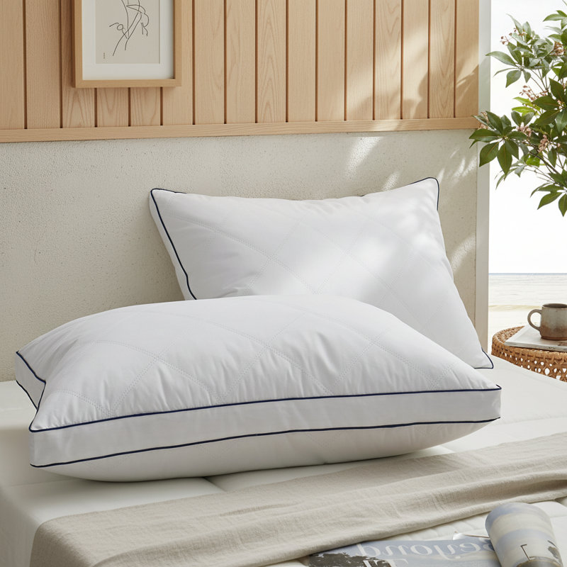 Oreillers matelassés en duvet d'oie et en duvet (ensemble de 2) - Coussins de lit mi-ferme avec coque 100% coton respirante, conception à soufflet pour les dormeurs de côté et de dos standard