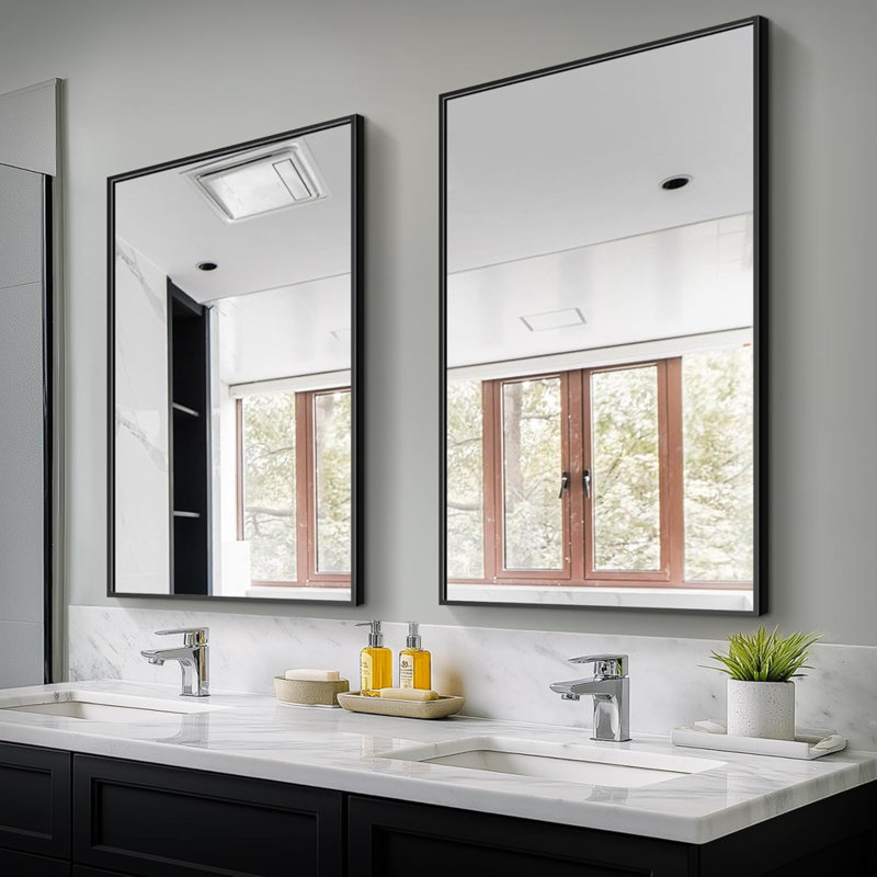Miroir de salle de bain mural, paquet de 2, miroir mural de salle de bain rectangulaire en métal 36 "x 24" pour lavabo, verre HD incassable, suspendu horizontalement ou verticalement