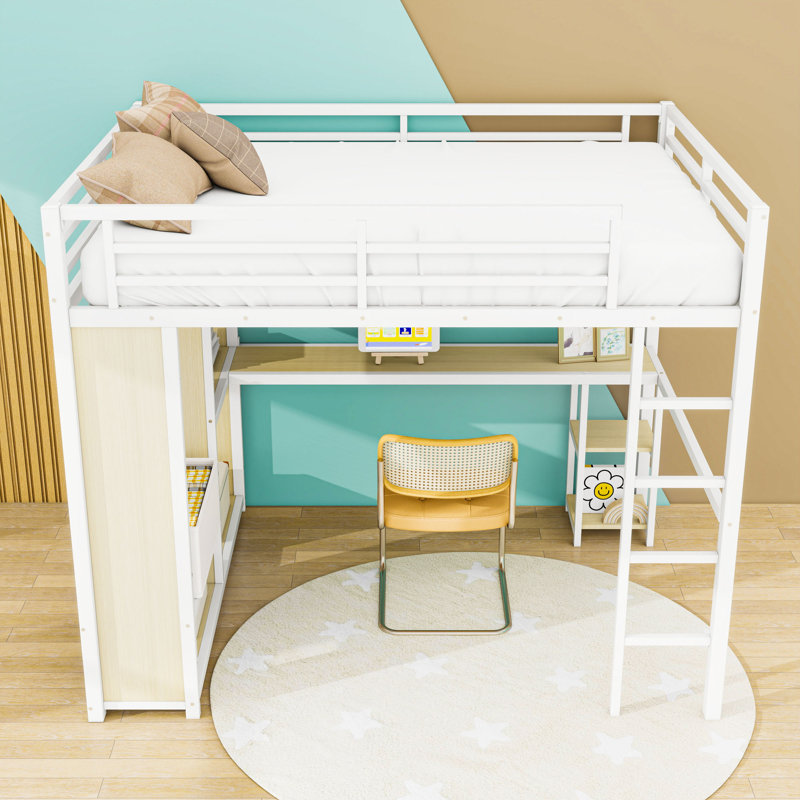 Metal Loft Bed with Wardrobe and Desk, White Woodgrain, Queen