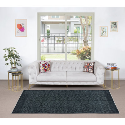 Tapis à motif floral 4,7 x 8,8 pi en noir et gris noué et tissé à la main en Turquie