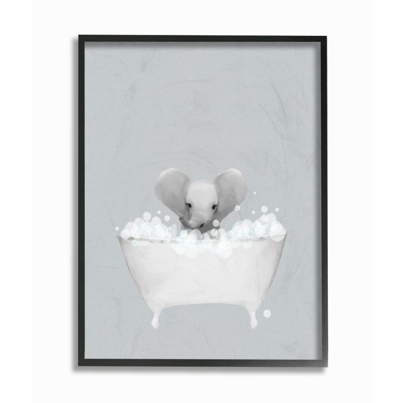 «Elephant Blue Bath» par Leah Straatsma - reproduction d'art, H 20 po x l 16 po, Giclée encadrée noir minuit