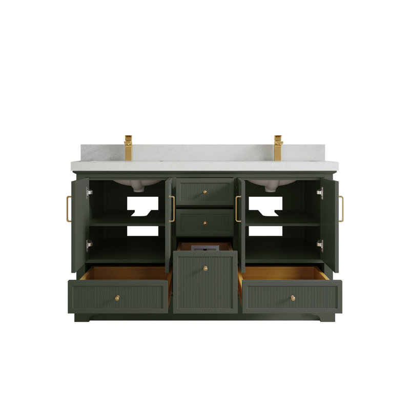 Meuble-lavabo double autoportant de 60 po avec plateau en quartz Alys (option poignées)