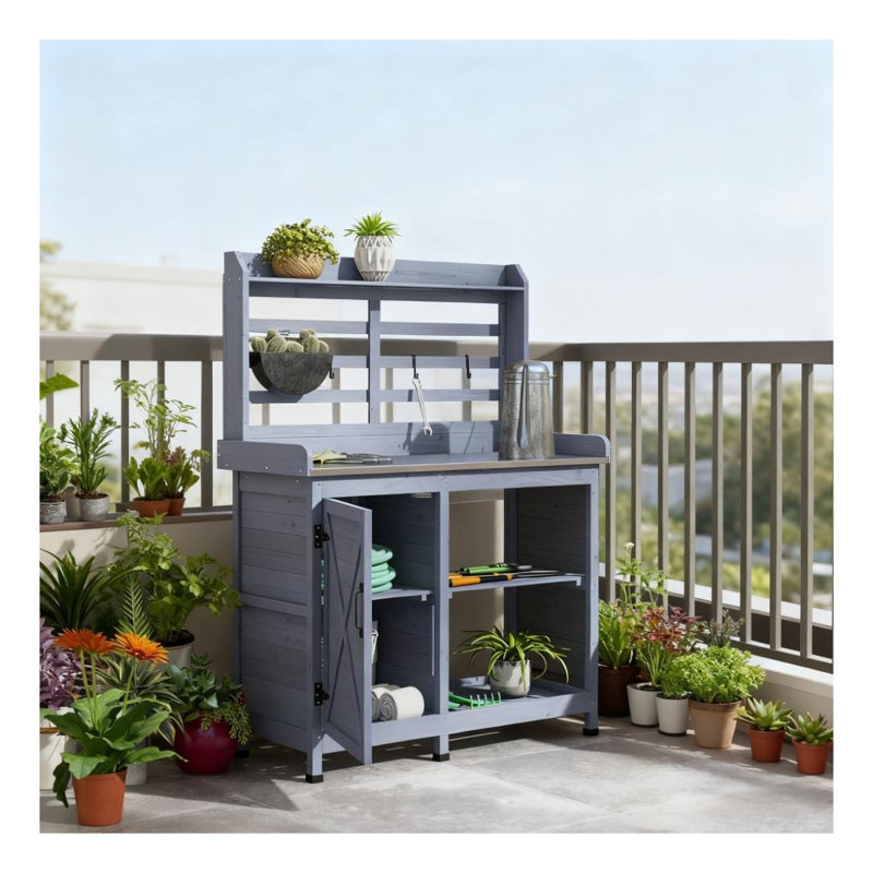 Banc de rempotage en bois avec tablette de rangement, poste de travail extérieur gris