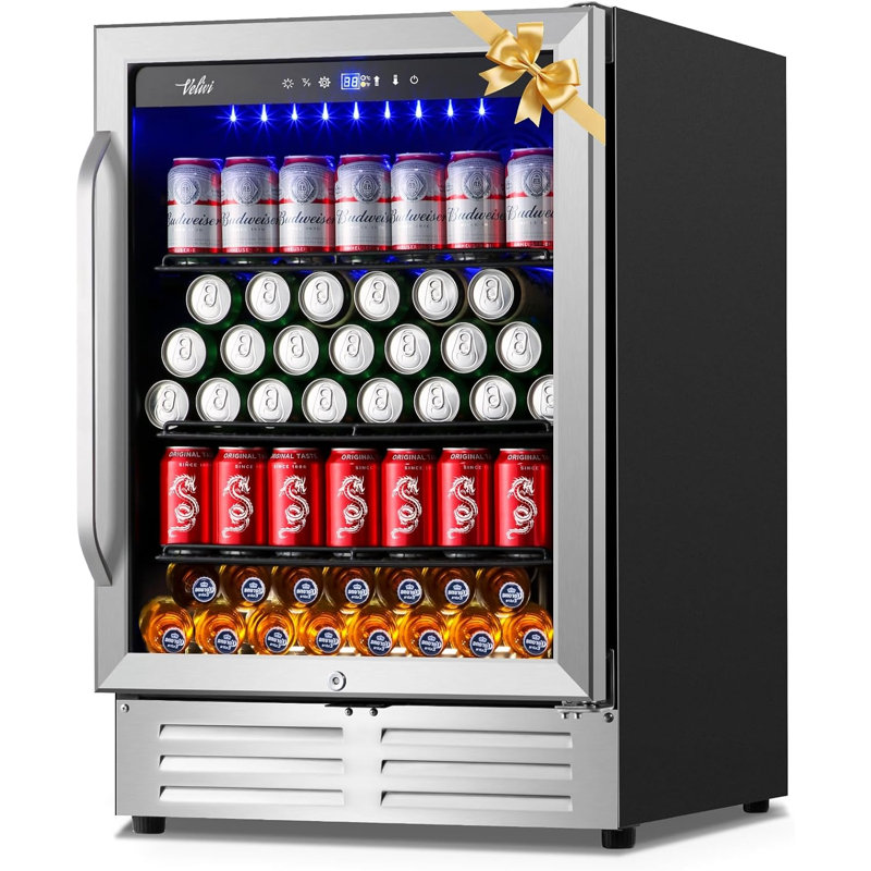 24 Inch Beverage Refrigerator Cooler,210 Cans Wide Beverage And Beer Fridge With Glass Door And Powerful Cooling Compressor, Built-in/freestanding Drink Fridge For Kitchen, Bar Or Office