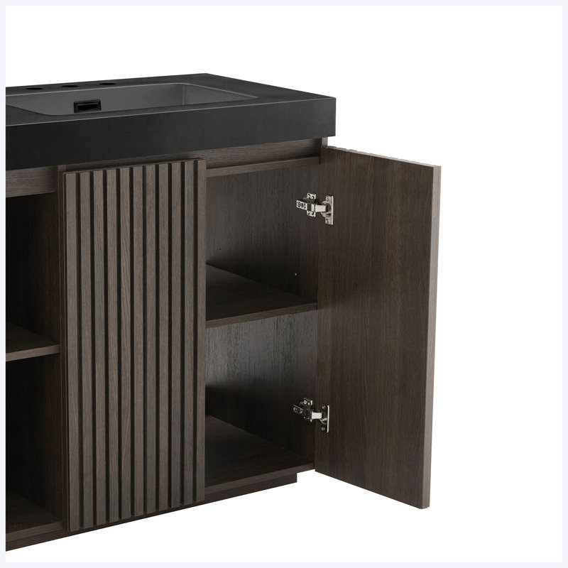 60" Freestanding Smoked Oak Bathroom Vanity with 3 Faucet Holes, Large Storage Modern Bathroom Vanity with One-Piece Black Sink Basin (KD)