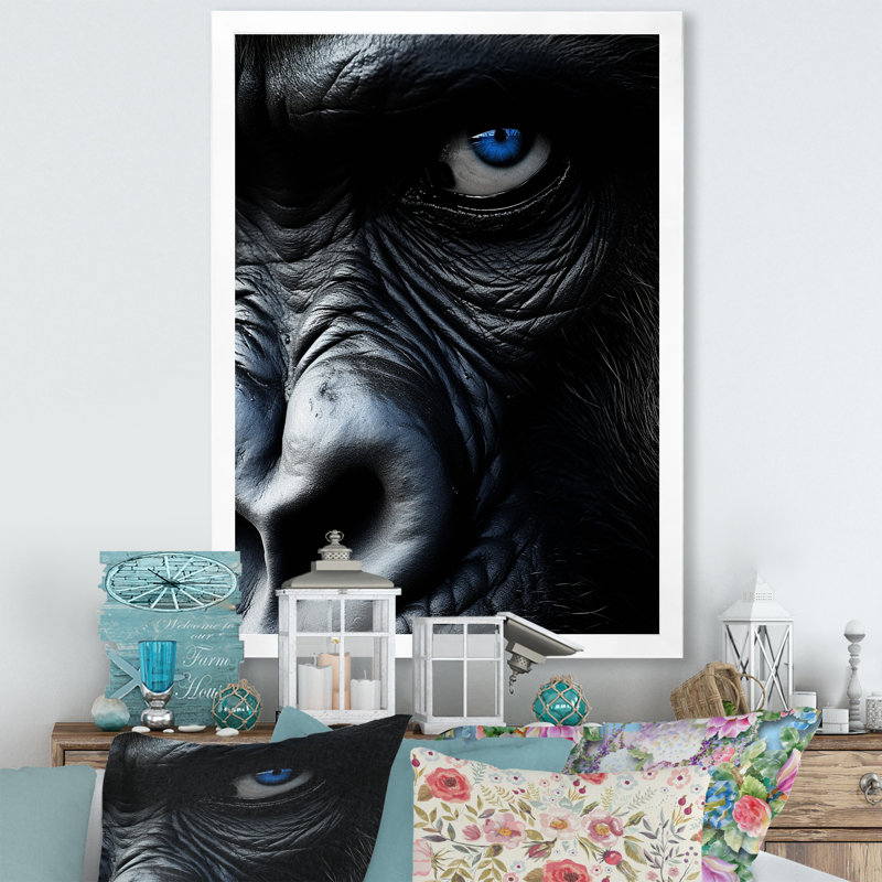 «Gorille noir et blanc», impression sur toile, Cadre simple blanc, H 32 po x l 24 po x P 1 po