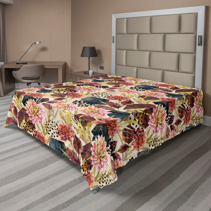 Drap plat Ambesonne, Drap plat de taille double, Rose pastel / motif floral rouille foncé