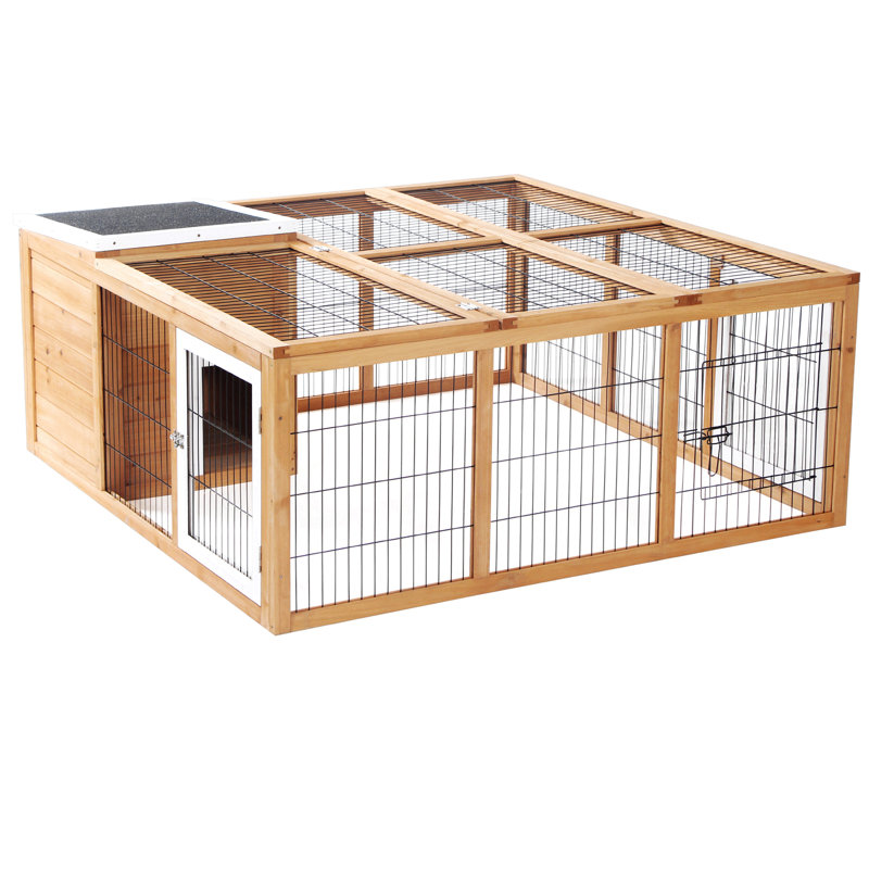Cage à lapin avec cage principale ouverte, Bois naturel