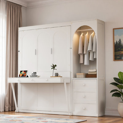 Murphy Bed with Stoarge Shelf, Desk, LED Light, Wardrobe and 3 Drawers