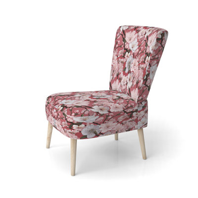 Pink Sakura Blossoms Floral - Upholstered Japanese Side Chair, Pink Accent Chair