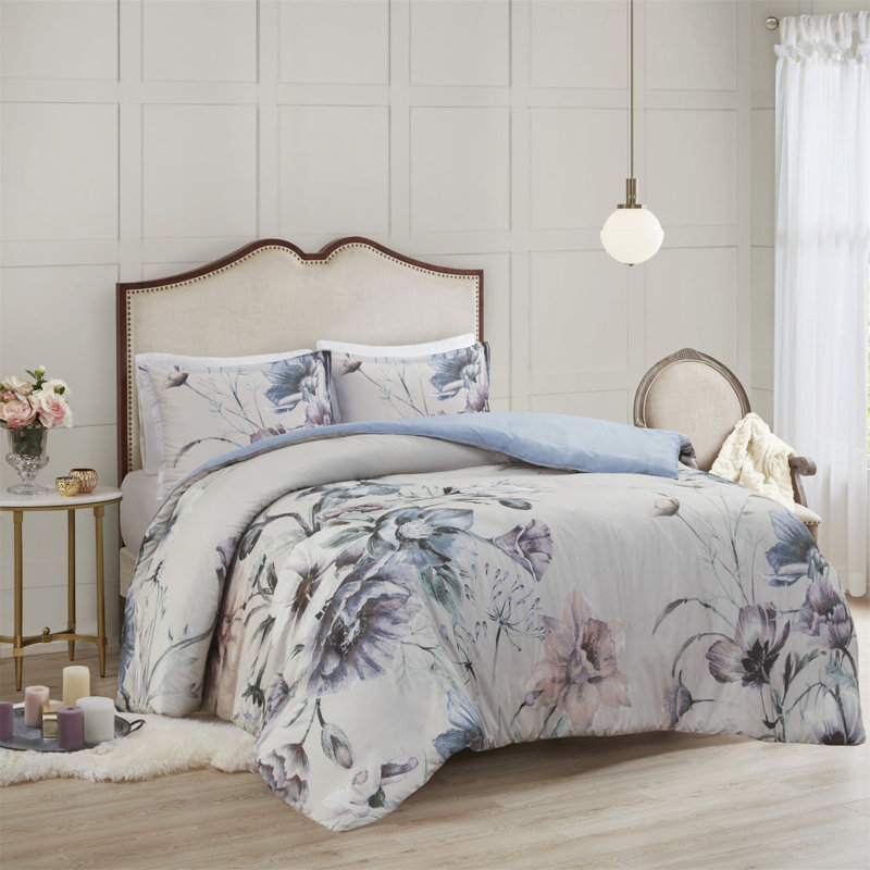 3 Piece Cotton Printed Duvet Cover Set, King/California King Duvet Cover + 2 King Shams, Blue/Purple